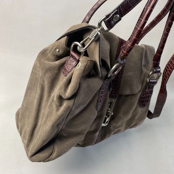 NIQUEA.D Gray SUEDE HOBO BAG! Large Brown Alligator Leather Purse MADE in ITALY - Picture 12 of 16